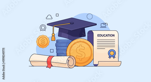 Graduation cap and diploma with coins signifying education costs