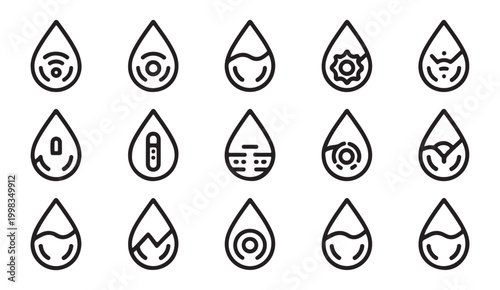 Modern water drop icons with abstract and geometric elements for design and branding.