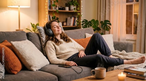 Woman relaxing on couch with eyes closed and headphones, listening to music, soft lighting, cozy home environment, stress relief concept