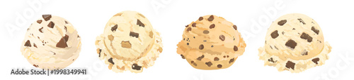 Set of tasty cartoon vanilla, cookie dough ice cream scoop with chocolate chip and nuts. Summer dessert illustration isolated on white. Perfect for menu, packaging and design.