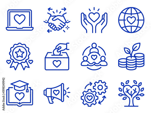 Charity and Social Responsibility Icon Set: Nonprofit, Volunteering, and CSR Line Icons for Global Philanthropy, Community Support, and Sustainable Growth
