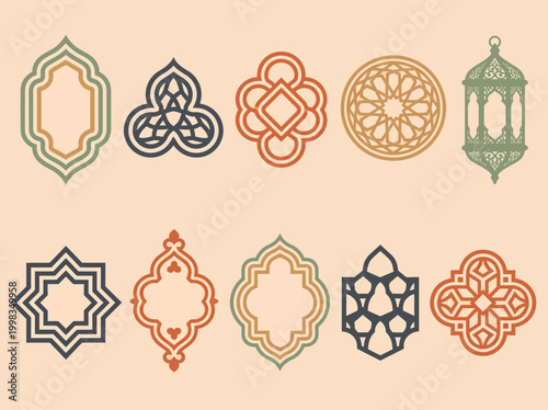 Islamic Geometric Ornaments and Frames Set, Minimalist Arabesque Design Elements with Lantern for Ramadan Kareem, Eid Mubarak, and Cultural Backgrounds