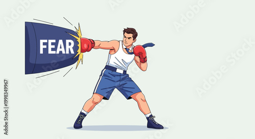 Businessman in boxing gloves punches a punching bag labeled fear