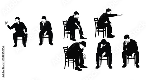Silhouette set of men sitting in chairs displaying various contemplative and indicative poses.