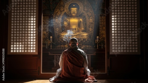Buddhism - Buddhist Monk in Red Robe Meditating Before Golden Buddha Statue with Incense Smoke in Temple
