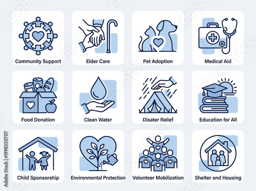 Charity and Humanitarian Aid Line Icon Set for Non-Profit Organizations, Volunteering, and Social Responsibility