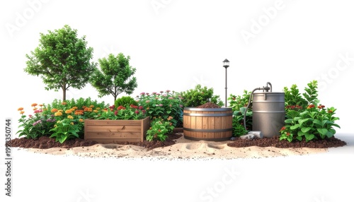 A clean, educational-style illustration showcasing a sustainable garden layout featuring a compost bin, rainwater collection system, and eco-friendly design elements