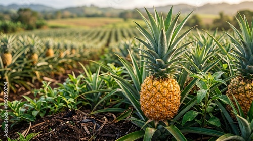 Vibrant pineapple plantation thrives under the bright tropical sun, showcasing rows of healthy, ripe fruits ready for harvest in a lush agricultural landscape