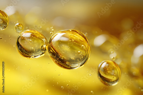 Close up view of bubbles in yellow liquid with light shining through in a bright setting
