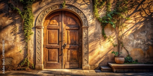 Sunlit Ornate Wooden Doorway with Climbing Vines and Terracotta Pot