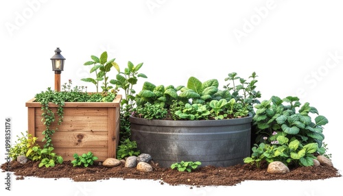 A clean, educational-style illustration showcasing a sustainable garden layout featuring a compost bin, rainwater collection system, and eco-friendly design elements