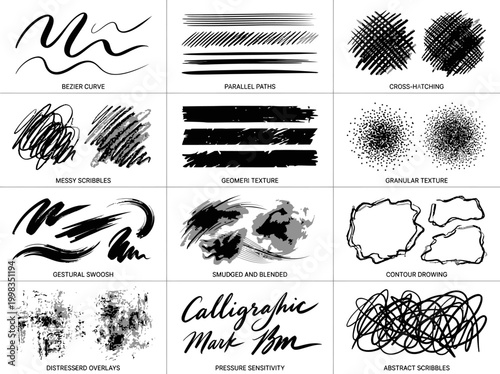 Vector Set of Hand-Drawn Digital Brush Strokes and Textures - Calligraphy, Scribbles, Hatching, and Ink Marks for Graphic Design