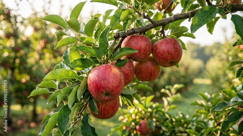 Sunlight illuminates a cluster of perfectly ripe red apples growing on a lush branch in a thriving autumn orchard, showcasing nature's bounty