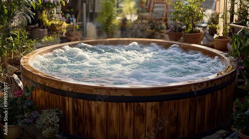 Beautiful cedar hot tub with swirling warm water and steam, surrounded by potted plants in cozy backyard oasis, perfect for unwinding and hydrotherapy.