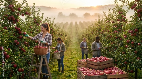 Diligent farmworkers gather a bountiful apple harvest in a misty, sun-kissed orchard, embodying sustainable agriculture and the rich rewards of hard work