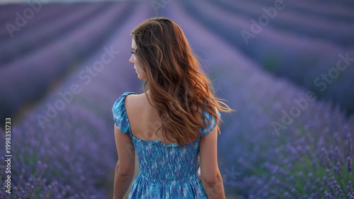 Cinematic footage of a young woman in a blue dress walking through blooming lavender rows at golden hour, seen from behind, peaceful summer countryside scene