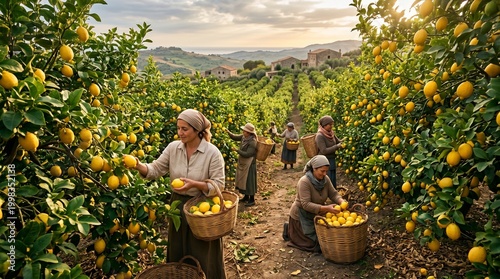 Harvesting ripe lemons from a sun-drenched grove by women in traditional attire, showcasing the beauty of rural agriculture and fresh produce