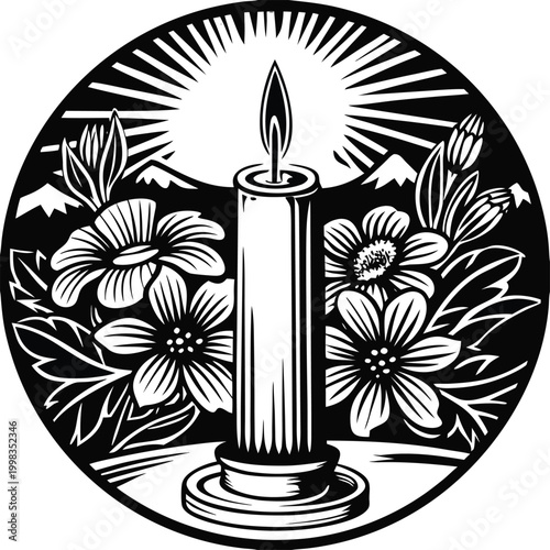 Black and white candle icon, floral illustration, sunburst design, vector logo