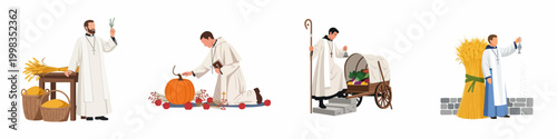 Konstfotografi Collection of religious figures in traditional robes performing various harvest blessing rituals with wheat, pumpkins, vegetables, and baskets on white background