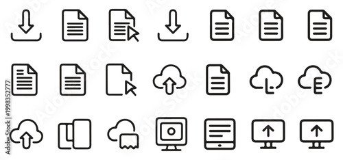 Outlined file management and cloud storage icon set for modern digital interface. vector illustration eps 10
