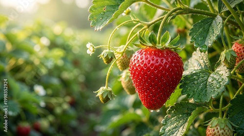 Vibrant red strawberry glistening with morning dew on a lush green plant in a sunlit field, symbolizing fresh harvest and natural beauty