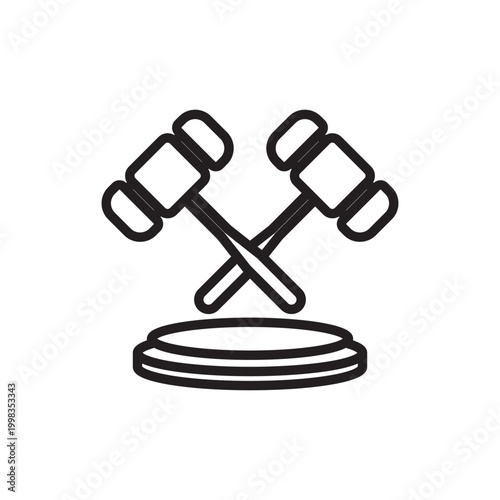 Litigation vector icon featuring crossed judge gavels over a sound block. Perfect for legal disputes, courtroom proceedings, business law, justice systems, and professional advocacy services.