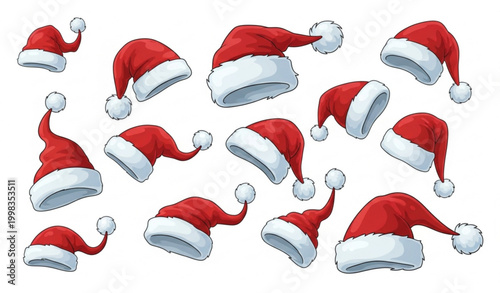 Realistic Santa hat vector set with multiple styles red Christmas caps isolated festive headwear collection