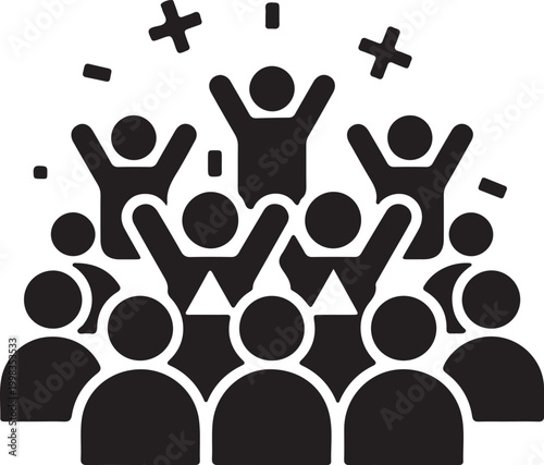 A black vector icon depicting a crowd of people celebrating with their arms raised, representing success, joy, and communal cheering events.