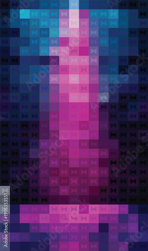 Vibrant pixelated abstract art with pink blue and purple hues in a mosaic pattern on a colored background