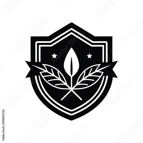 Black and white shield emblem with crossed leaves symbolizing sustainability and nature.