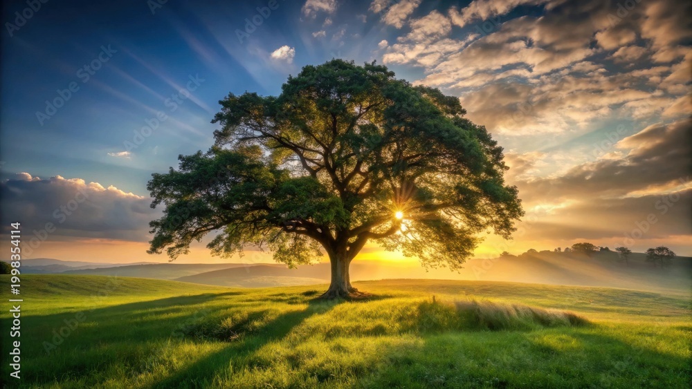 Fototapeta premium Serene Sunset Majestic Tree Silhouetted Against a Vibrant Sky, Bathed in Golden Hour Light