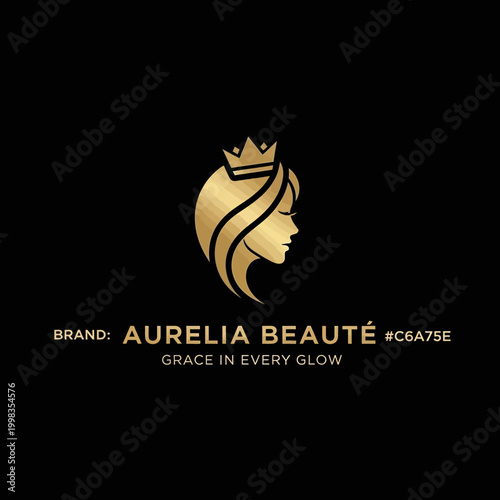 Golden Crowned Female Face Profile Logo.