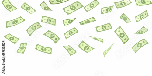 Falling us dollar banknotes green money rain on white background