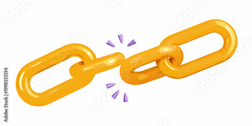 Glossy yellow chain links breaking apart 3d render