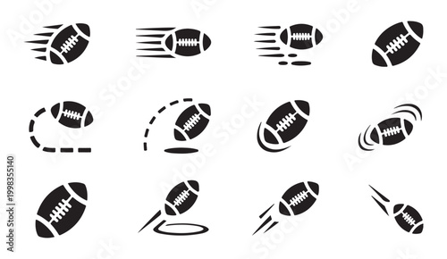 American football ball flight icons set with motion lines and speed trails on transparent background.