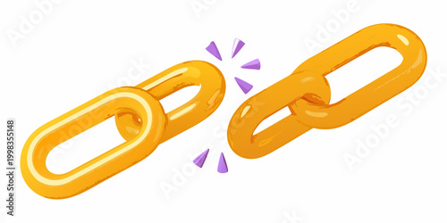 Glossy yellow chain links breaking apart cartoon illustration
