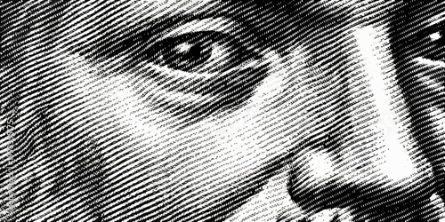 Close up halftone portrait of a woman s face black and white
