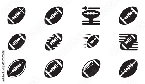 Rugby ball graphic icons with various textures and motion elements set isolated on grid background.