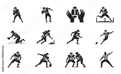 Detailed american football player silhouettes with jersey numbers in various dynamic game situations.