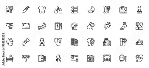Medical icon set. Healthcare vector symbols. Includes germs, syringe, tooth, lung, x-ray, doctor, ambulance, hospital and more. Editable stroke line icons.