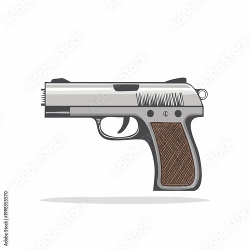 Sleek silver semi-automatic pistol with textured grip, isolated illustration