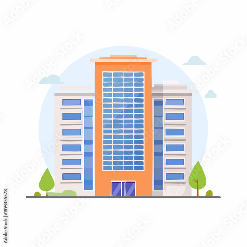 Modern Office Building with Orange Accent and Blue Glass Facade Under a Cloudy Sky