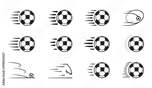 Dynamic soccer ball movement vector collection with trajectory lines and speed blur on transparent.