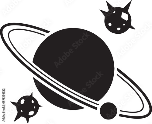 Vector illustration of a black planet with rings and moons isolated on transparent background