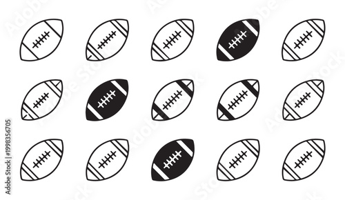 Fifteen American footballs icons, sport equipment, game ball, outline and filled shapes.