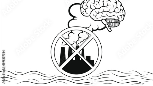 Photos Industrial Pollution Prohibited Concept: Line Art Illustration featuring a Human Brain Cloud rising from a Factory Icon with a No-Entry Cross Sign, Symbolizing Intellectual Awareness and Ecology