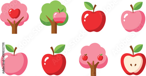 Cute Flat Design Apple and Apple Tree Icon Set in Red and Pink Colors with Green Leaf and Sliced Fruit for Nature Food Vector Illustration