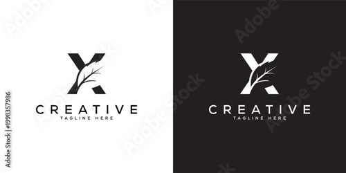 Minimalist Letter X with leaf logo design. Modern X logo leaf design background.