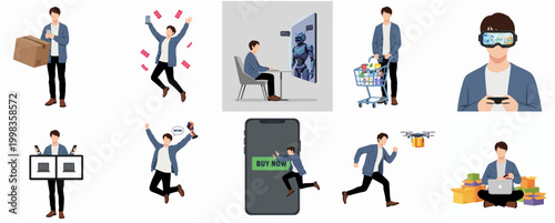 Comprehensive set of vector illustrations showcasing online shopping, drone delivery, AI interaction, VR gaming, and modern e-commerce lifestyle with a male character.