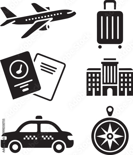 Travel and Vacation Minimalist Silhouette Icon Set - Plane, Luggage, Hotel, Taxi, Compass, and Passport Symbols